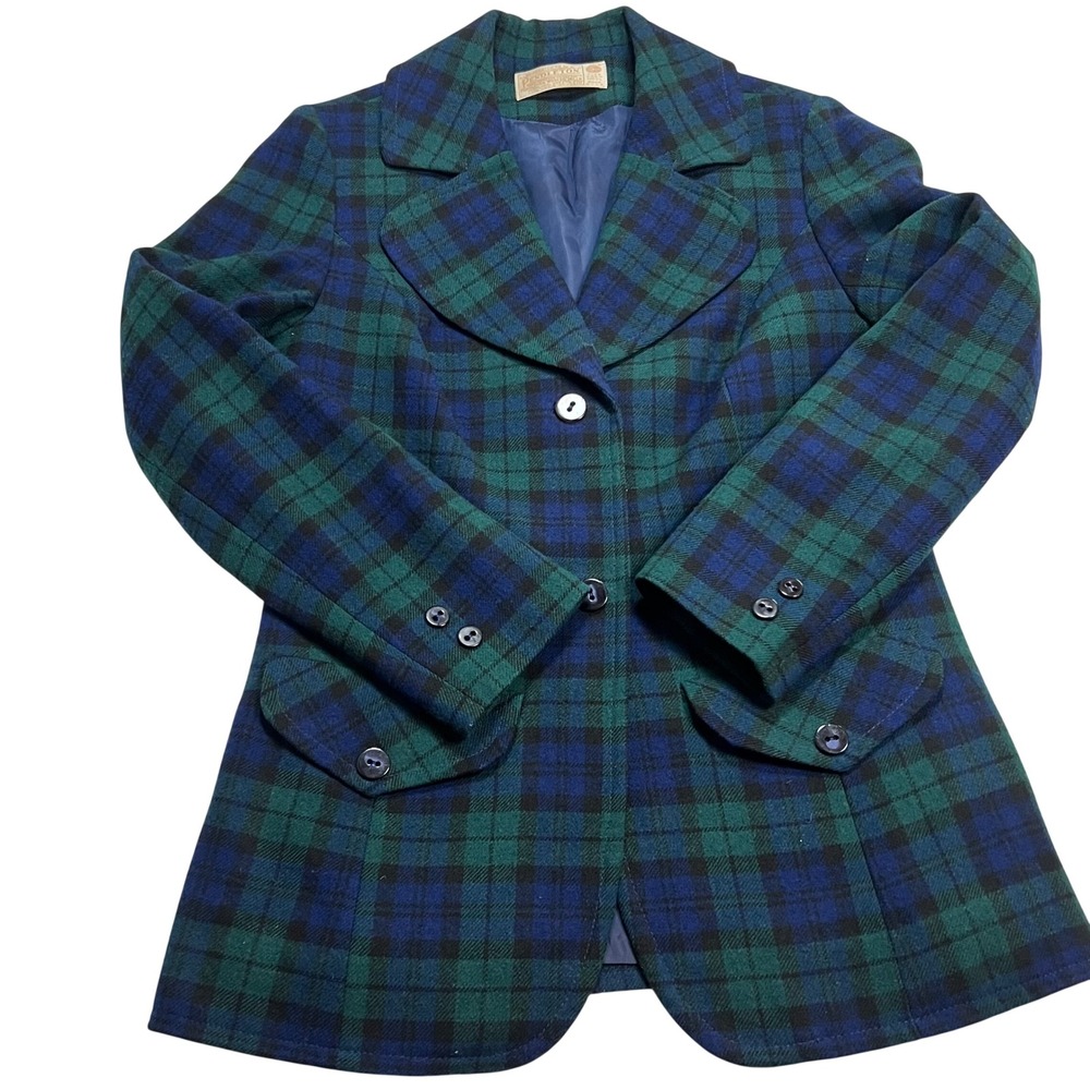 Pendleton Vintage Wool Blazer Black Watch Plaid Tartan Jacket Green Blue Size 10 - Picture 5 of 11